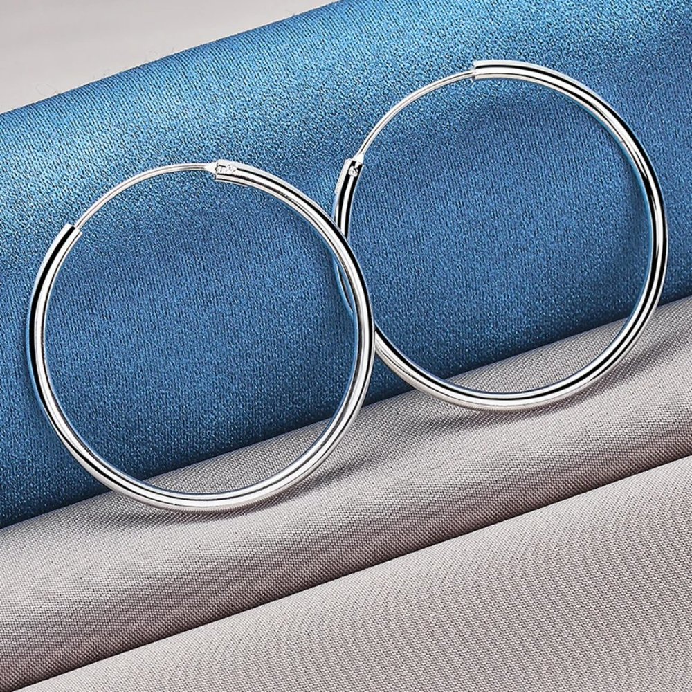 Stunning .925 Sterling Silver 35mm Round Hoop Earrings - Picture 4 of 5